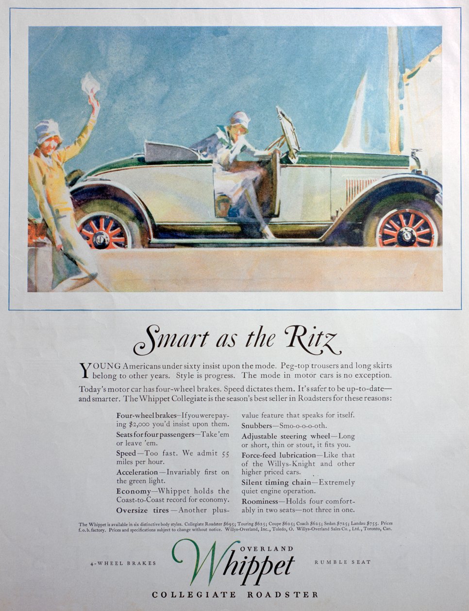 Overland Whippet Collegiate Roadster arabasının reklamı, 1927 by Unbekannt