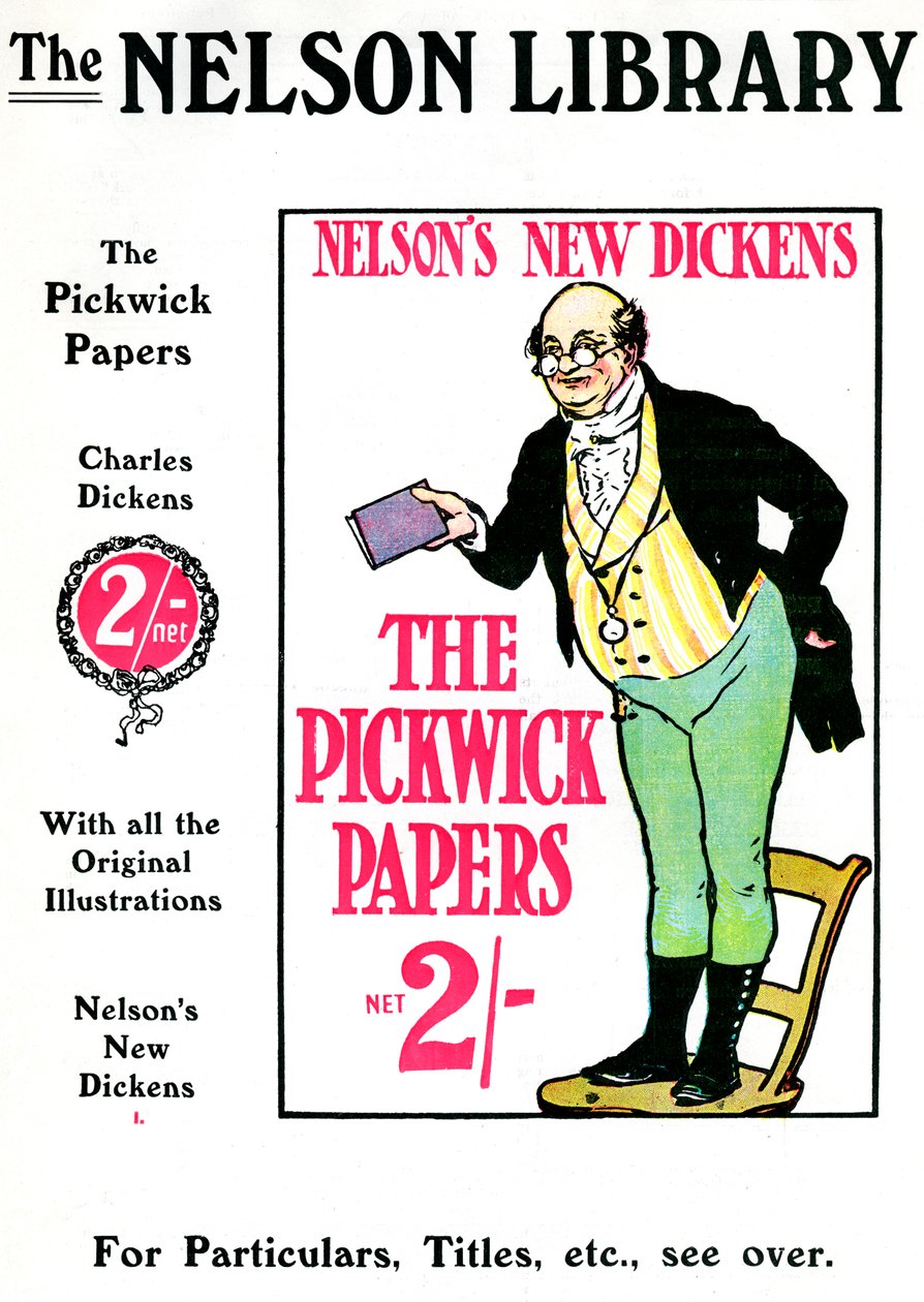 Nelson Kütüphanesi tarafından satılan Charles Dickens'ın The Pickwick Papers reklamı, 1912 by Unbekannt