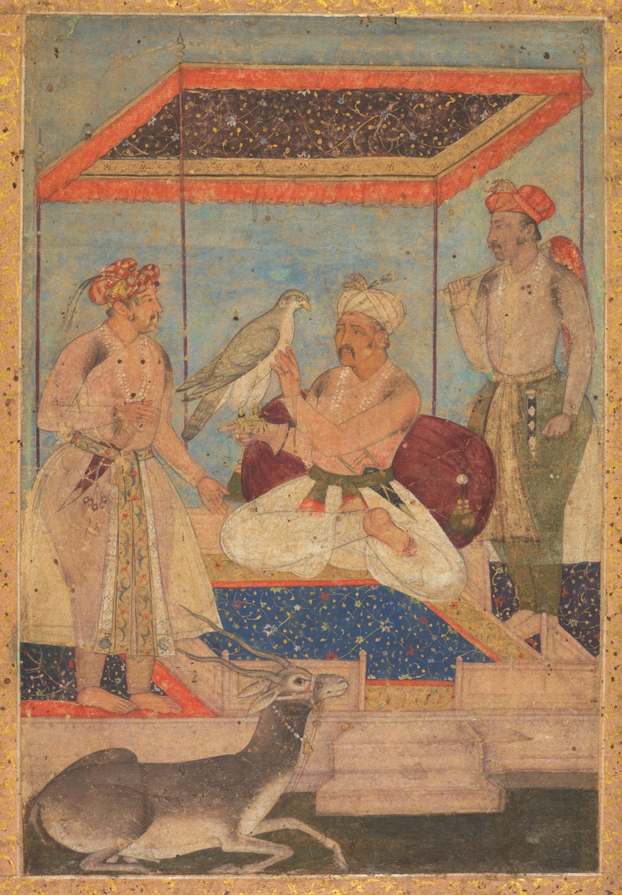 Ekber ve Jahangir, Prens Khusrau Arkasında Dururken bir Ghir Şahinini İnceliyor, c. 1602-1604. by Unbekannt