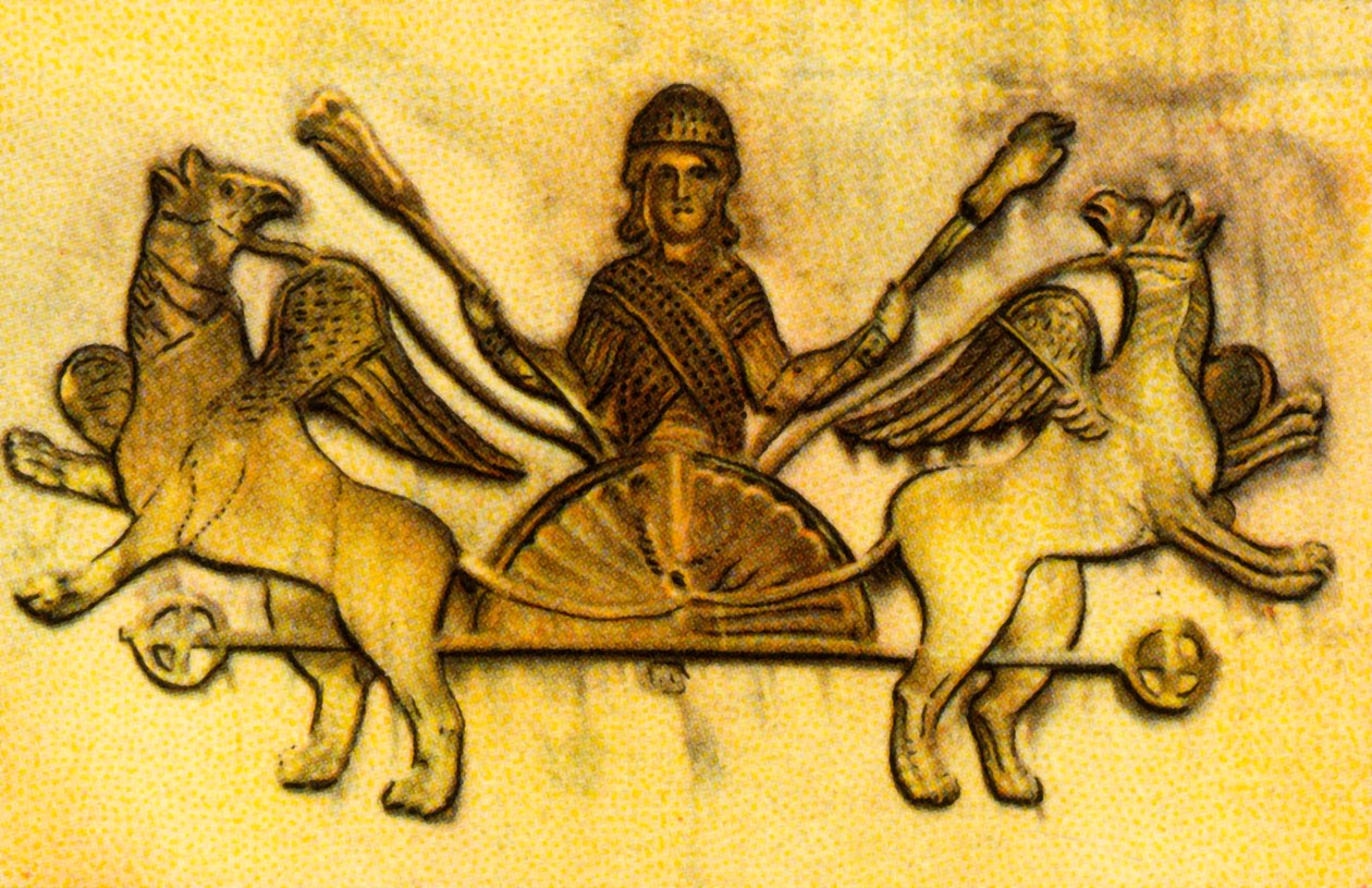 Büyük İskender, kanatlı griffinlerin çektiği bir arabada, 1932. by Unbekannt