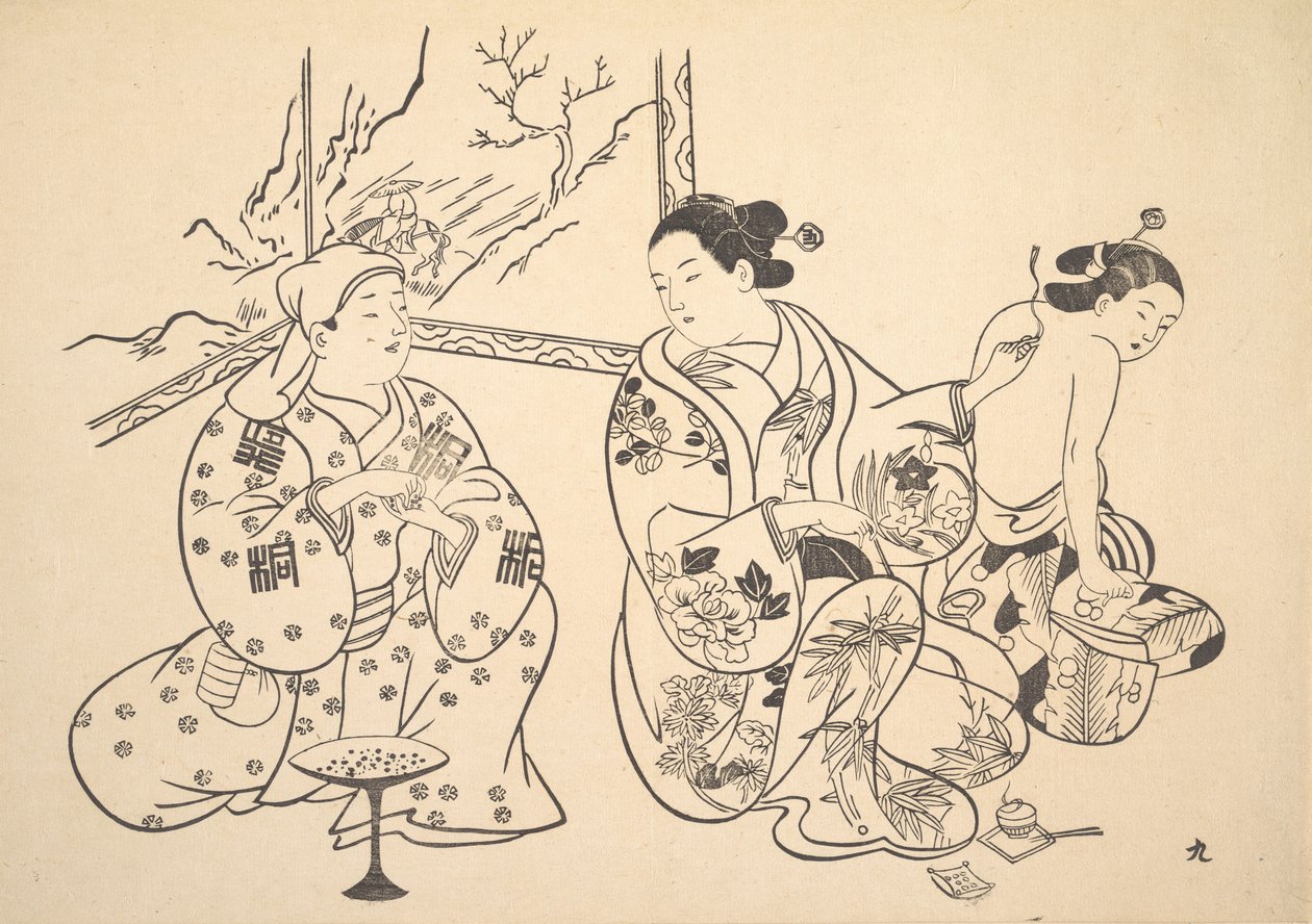 Bir Salonda Oturan Bir Oiran, Başka Bir Kadının Çıplak Sırtına Yangın Tedavisi Uygular. by Unbekannt