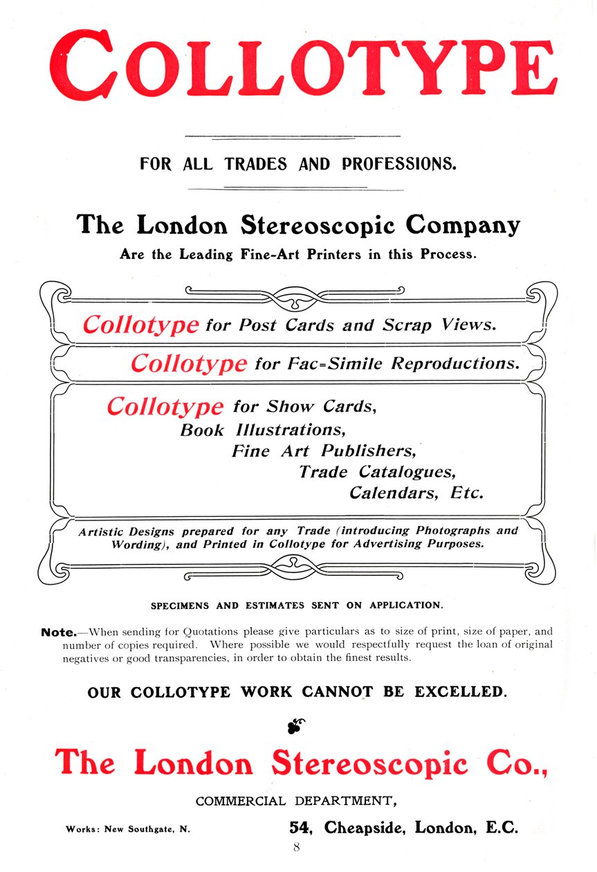 The London Sterescopic Company, 1903 tarafından sunulan Collottype süreci için bir reklam by Unbekannt