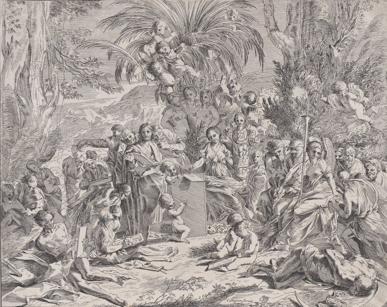 Ortada solda bir çocukken bir tablete çizen bir resim alegorisi, surrou..., 1650-1700. by Unbekannt