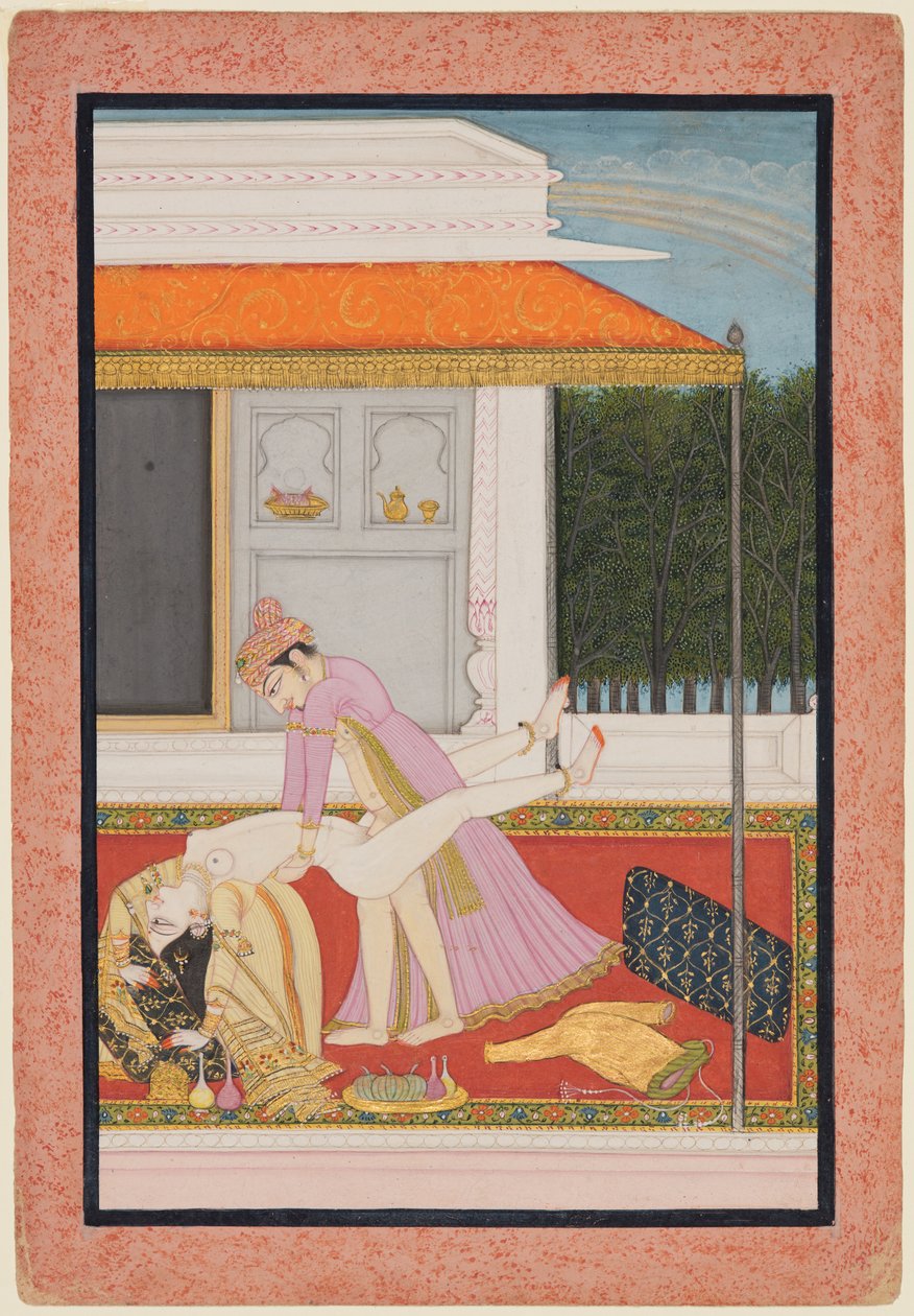 Sevdalı bir çift, muhtemelen Basohli r Raja Mahendra Pal. 1806- 1813 bir favori ile...c. 1810. by Unbekannt
