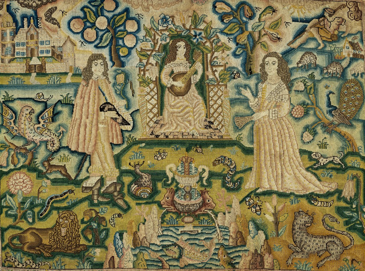 Gitar çalan bir kadın ile işlemeli bir panel, 17. yüzyıl by Unbekannt