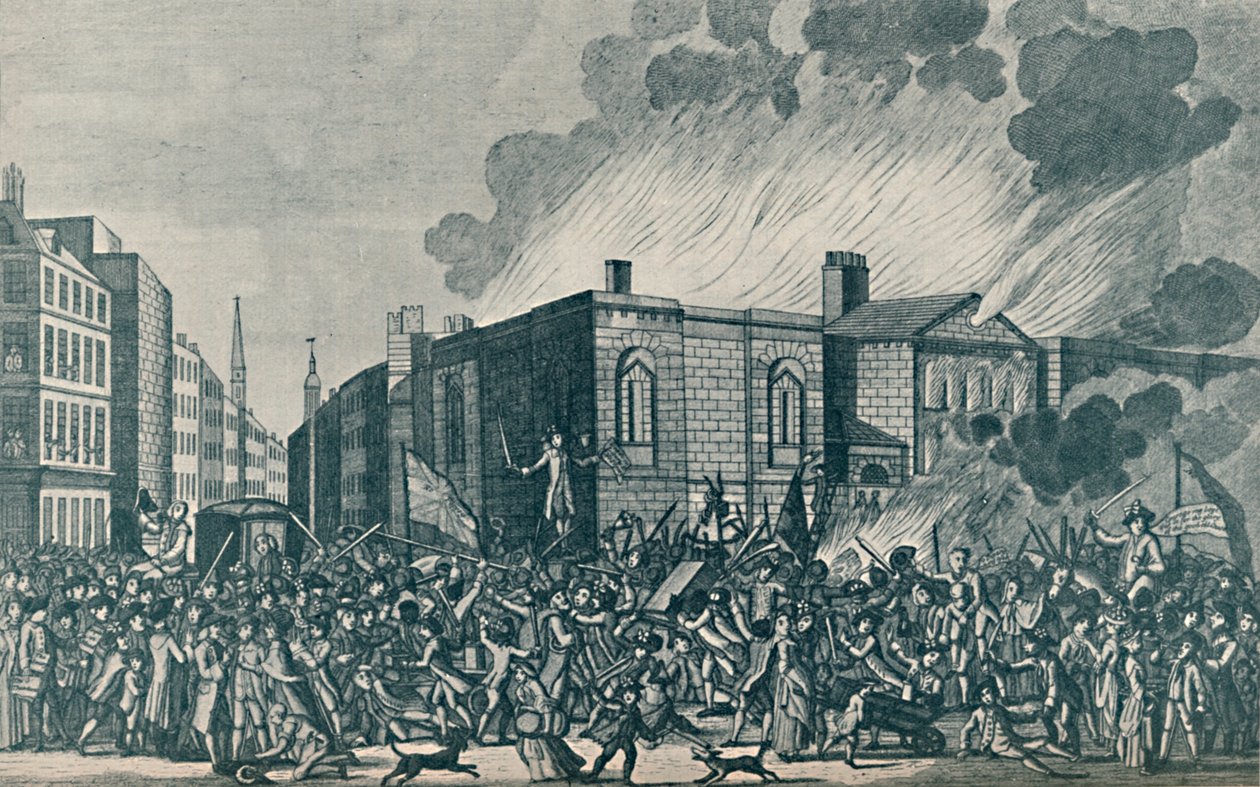 Newgate'in isyancılar tarafından yakılması, yağmalanması ve yok edilmesinin tam bir temsili. by Unbekannt