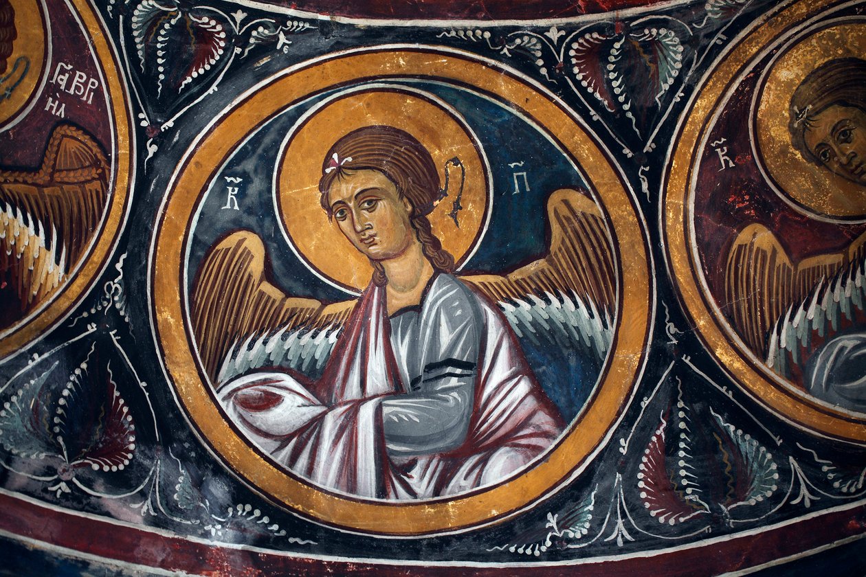 Asinou Kilisesi'nin Narteks tonozundan Bizans freskinin İsa'nın Etrafında Melek Madalyonu ve Son Yargı Detayı Son yargı sahnesi 14. yüzyıl (1332) UNESCO, dünya kültür mirası alanı Trodos bölgesi, Kıbrıs by Unbekannt