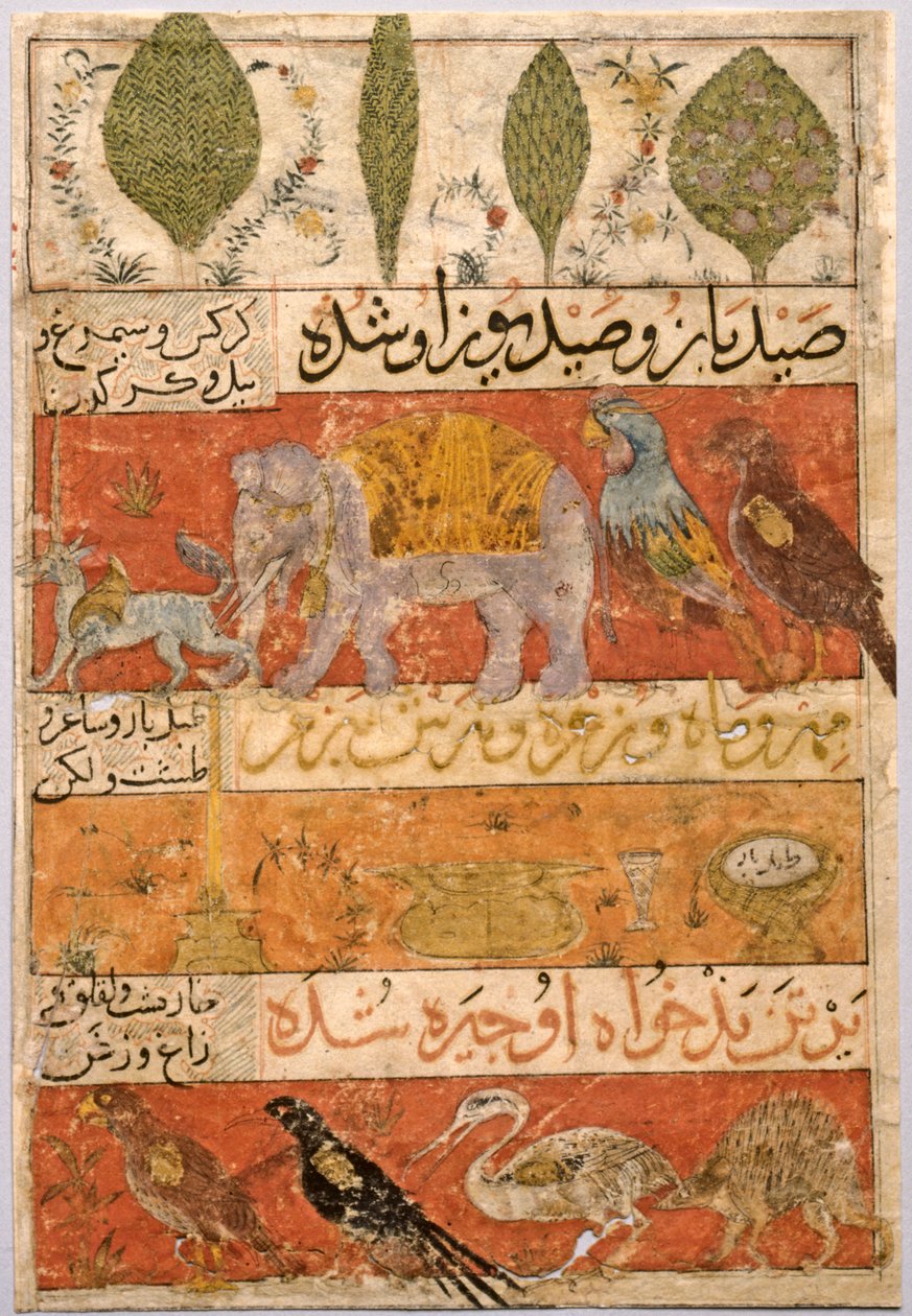 Hayvanlar, Kuşlar ve Bitkiler verso, İllüstrasyon ve Metin Farsça Ayetler..., 1341. by Unbekannt