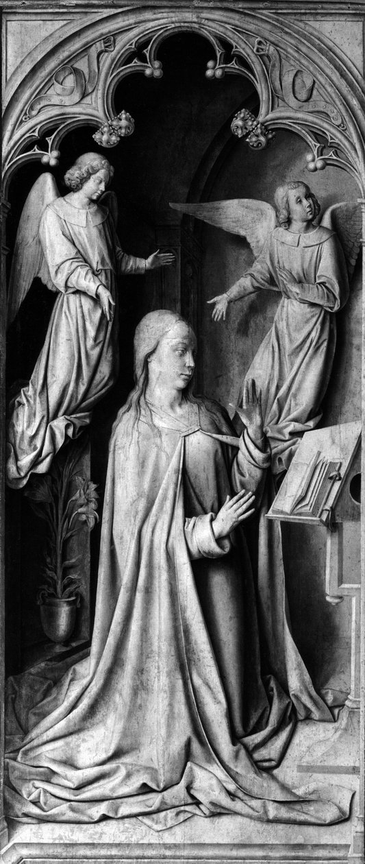 Müjde Triptik kısmın tersi, sol kısım. Master of Moulins veya Jean Hey (1450-1505) tarafından 15. yüzyıla ait tablo. Notre Dame Katedrali, Moulins (Allier) by Unbekannt