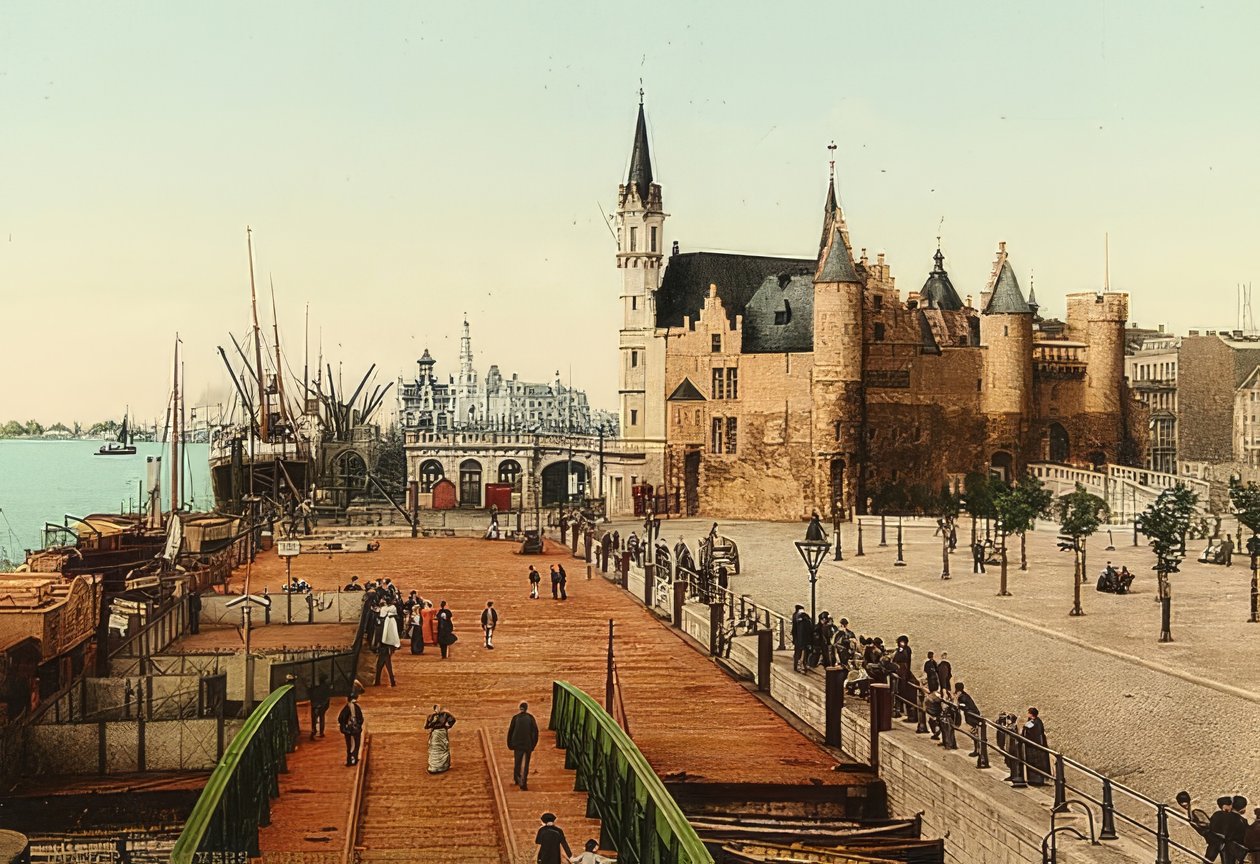 Anvers (Anvers). Limana eski kale (Het Steen) üzerinden görüntüleyin. 1900 civarında by Unbekannt