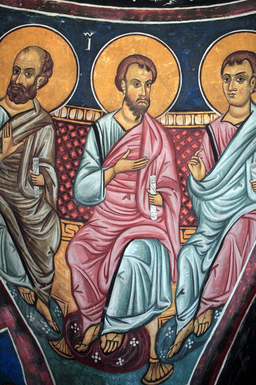Havarilerin Mesih etrafında temsili ve Son Yargı Asinou kilisesinin Narteks kasasından Bizans freskinin detayı Son yargı sahnesi 14. yüzyıl (1332) UNESCO, dünya kültür mirası alanı Trodos bölgesi, Kıbrıs by Unbekannt