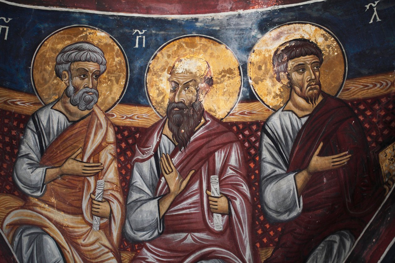 Asinou kilisesinin Narteks kasasından Bizans freskinin İsa etrafında havari temsili ve Son Yargı Detayı Son yargı sahnesi 14. yüzyıl (1332) UNESCO, dünya kültür mirası alanı Trodos bölgesi, Kıbrıs by Unbekannt