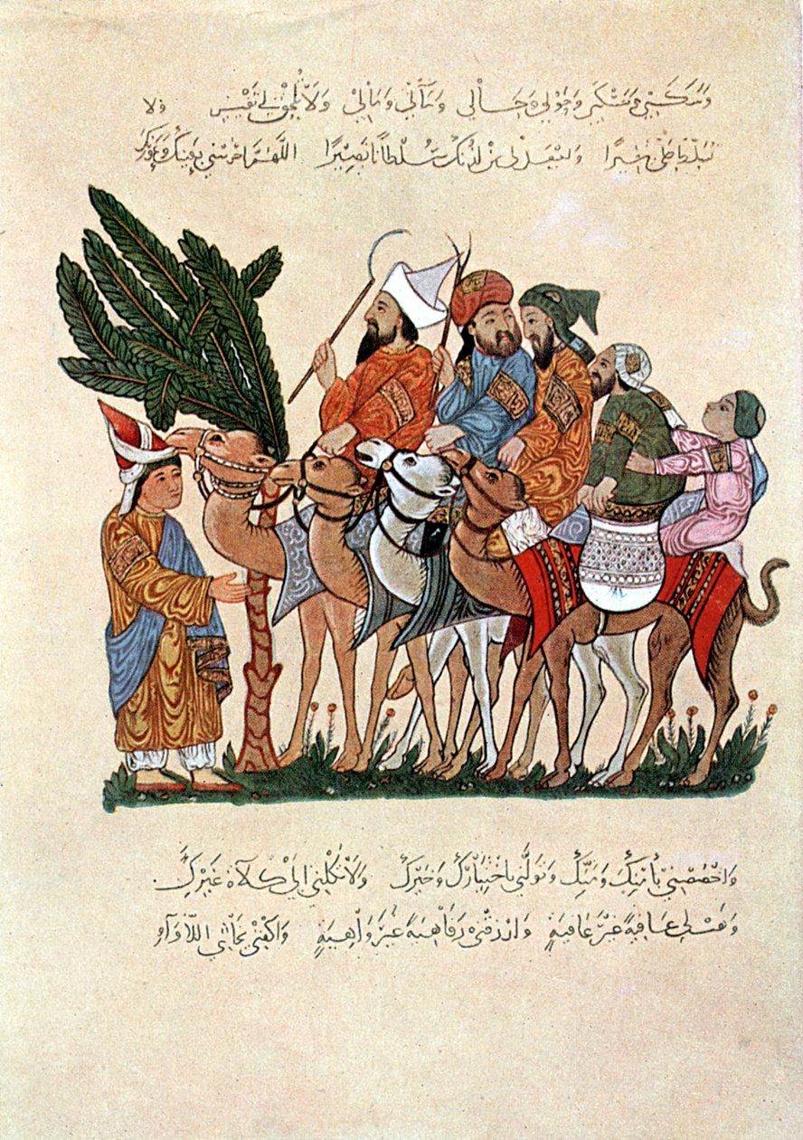 Yolculuklarının sonunda karşılan deve üzerinde Arap gezginler by Unbekannt