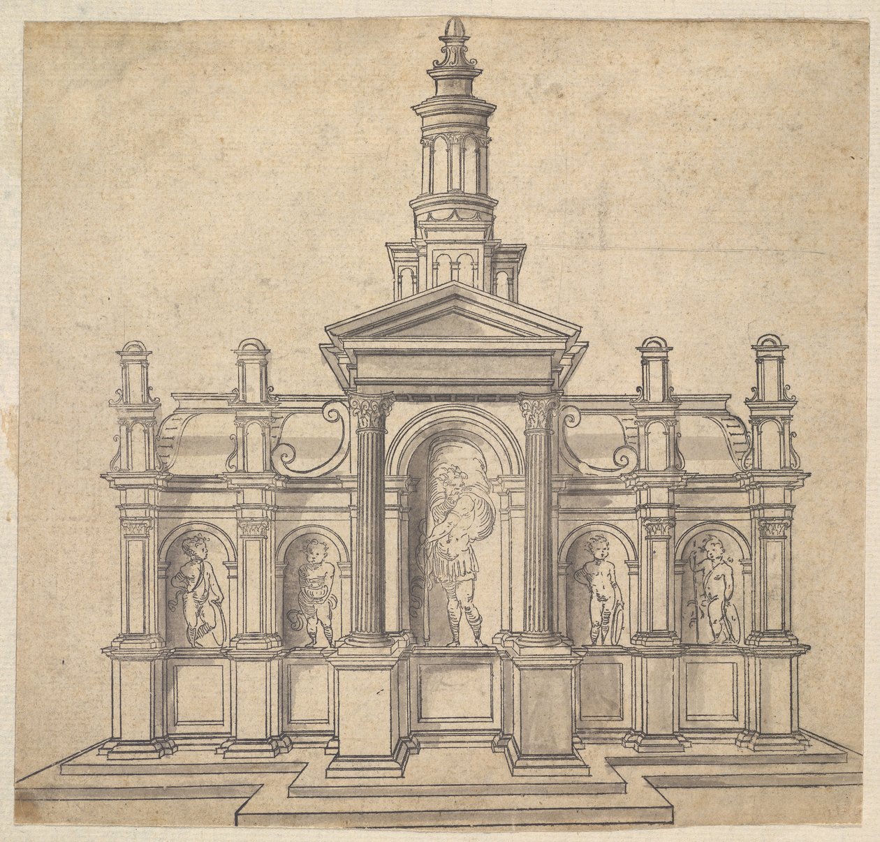 Bir Aziz ve Dört Putti ile Mimari Şekilli Çadır, ca. 1530-49. by Unbekannt