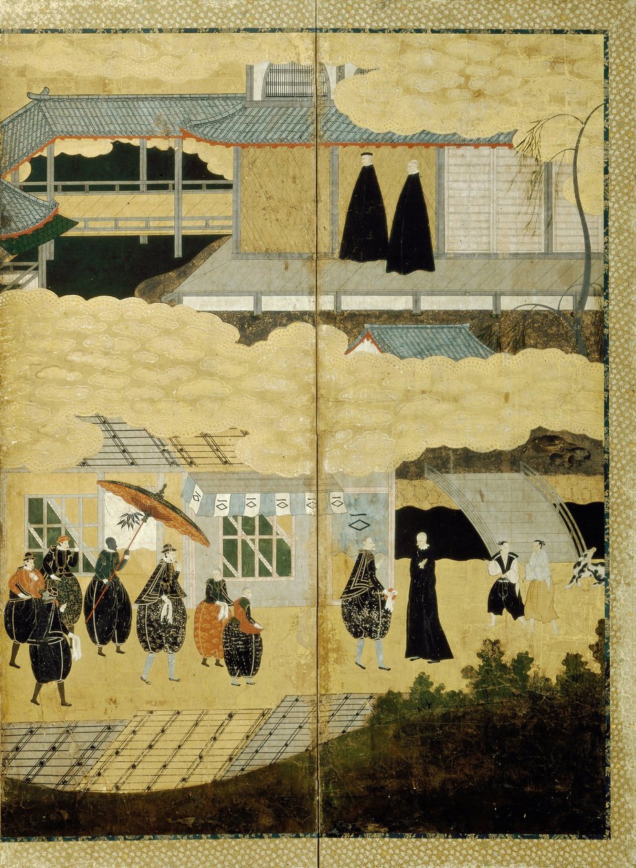 Portekiz gemisinin gelişi. Nanban ekranı. Detay: Japon Hıristiyanlar, yak. 1600 by Unbekannt