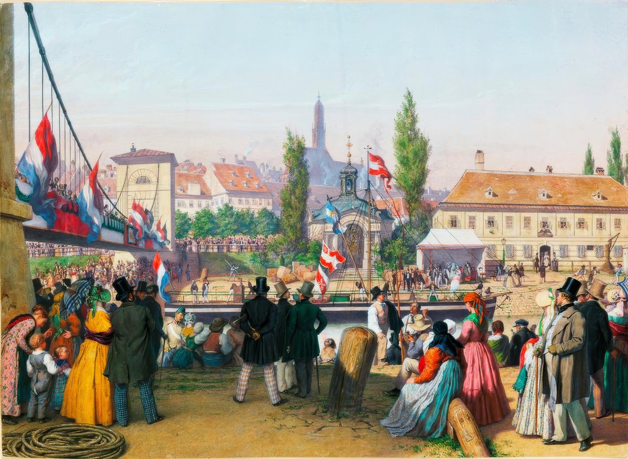 Vapurun Tuna kanalındaki istasyona gelişi, Viyana, 1845 Suluboya by Unbekannt