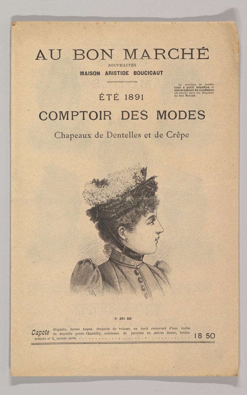 Au Bon Marché-Comptoir des Modes, Dantel ve Krep Şapkalar, Yaz 1891, 1891. by Unbekannt