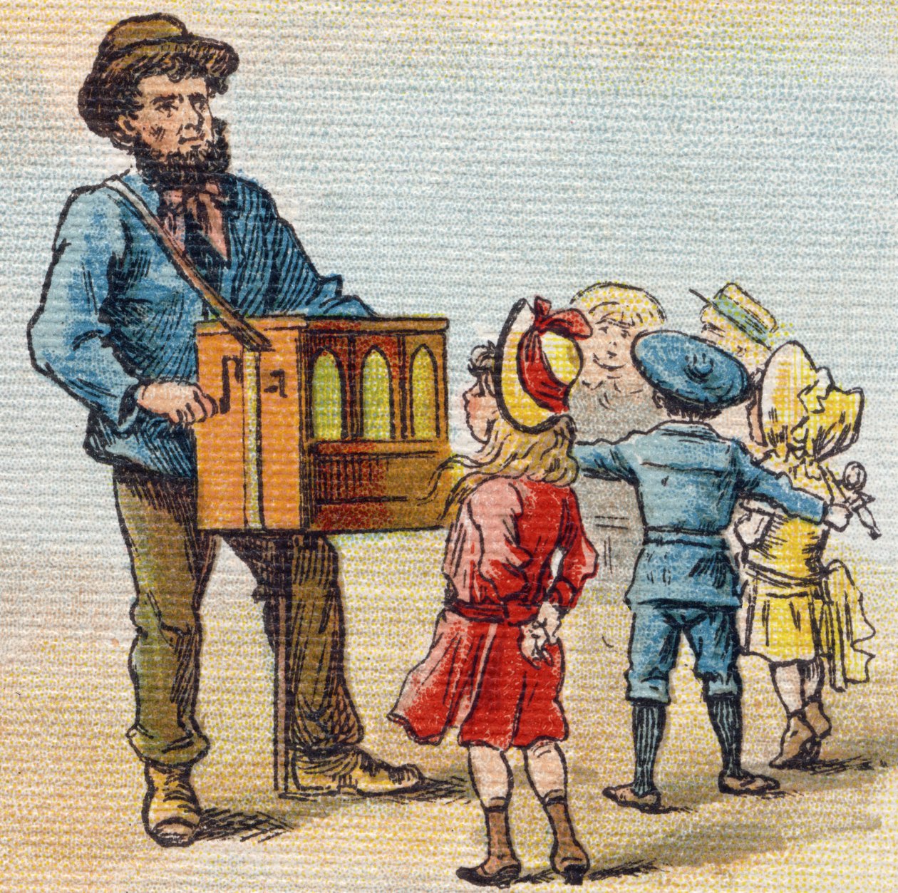 Barbary organı. "Alphabet de ma petite fille" gravürü. Bernardin-Bechet ve Fils, kitapçı-yayıncılar, Paris, 1895 civarı. Tuval üzerine kırılmaz albüm. Bibliotheque des Bebes. 12 sayfa. Bir okuma yöntemi ve açıklayıcı bir abecedary içeren albüm. by Unbekannt
