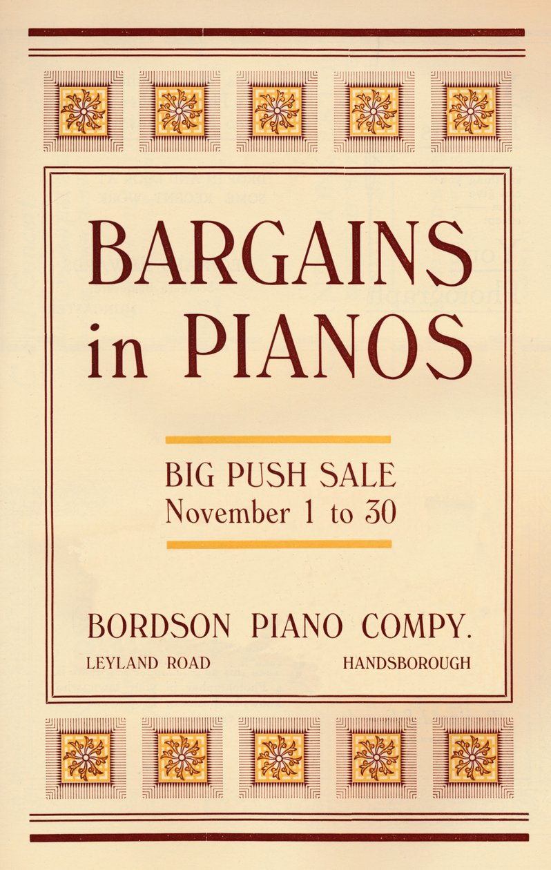 Piyanolarda Pazarlık - Bordson Piano Companys reklamı, 1916 by Unbekannt