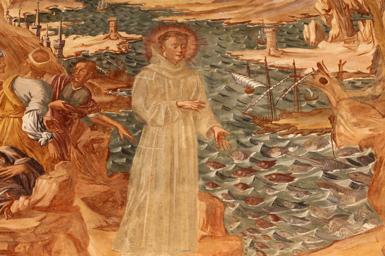 Basilica di Santa Caterina, Galatina, Apulia Manastırdaki Fresk : St Anthony balıklara vaaz veriyor by Unbekannt