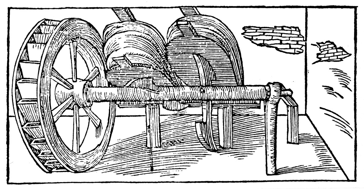Su çarkı ile çalışan bir eksantrik mili tarafından çalıştırılan körükler, 1540 by Unbekannt