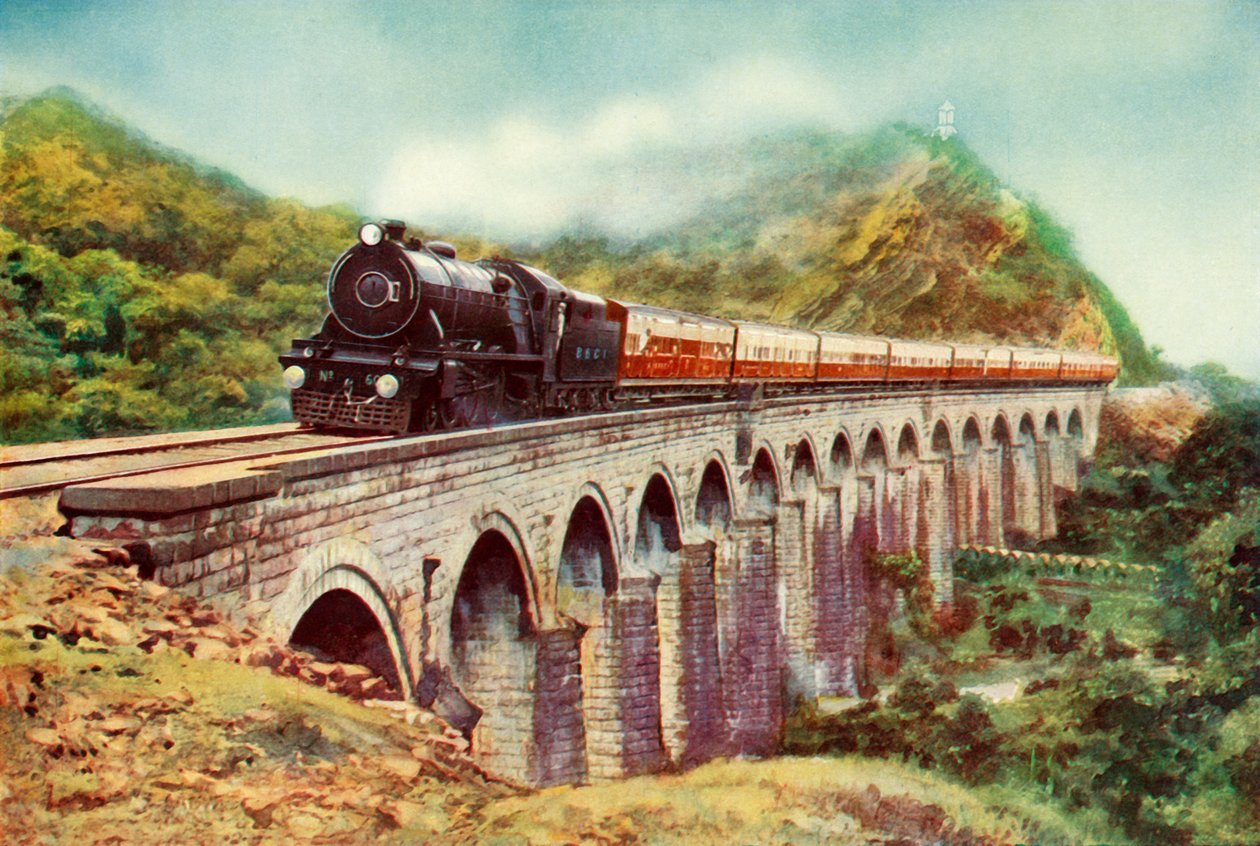 Bombay ve Delhi arasında. Bir viyadük üzerinden geçen Frontier Mail'in çarpıcı bir görüntüsü, 1935 by Unbekannt