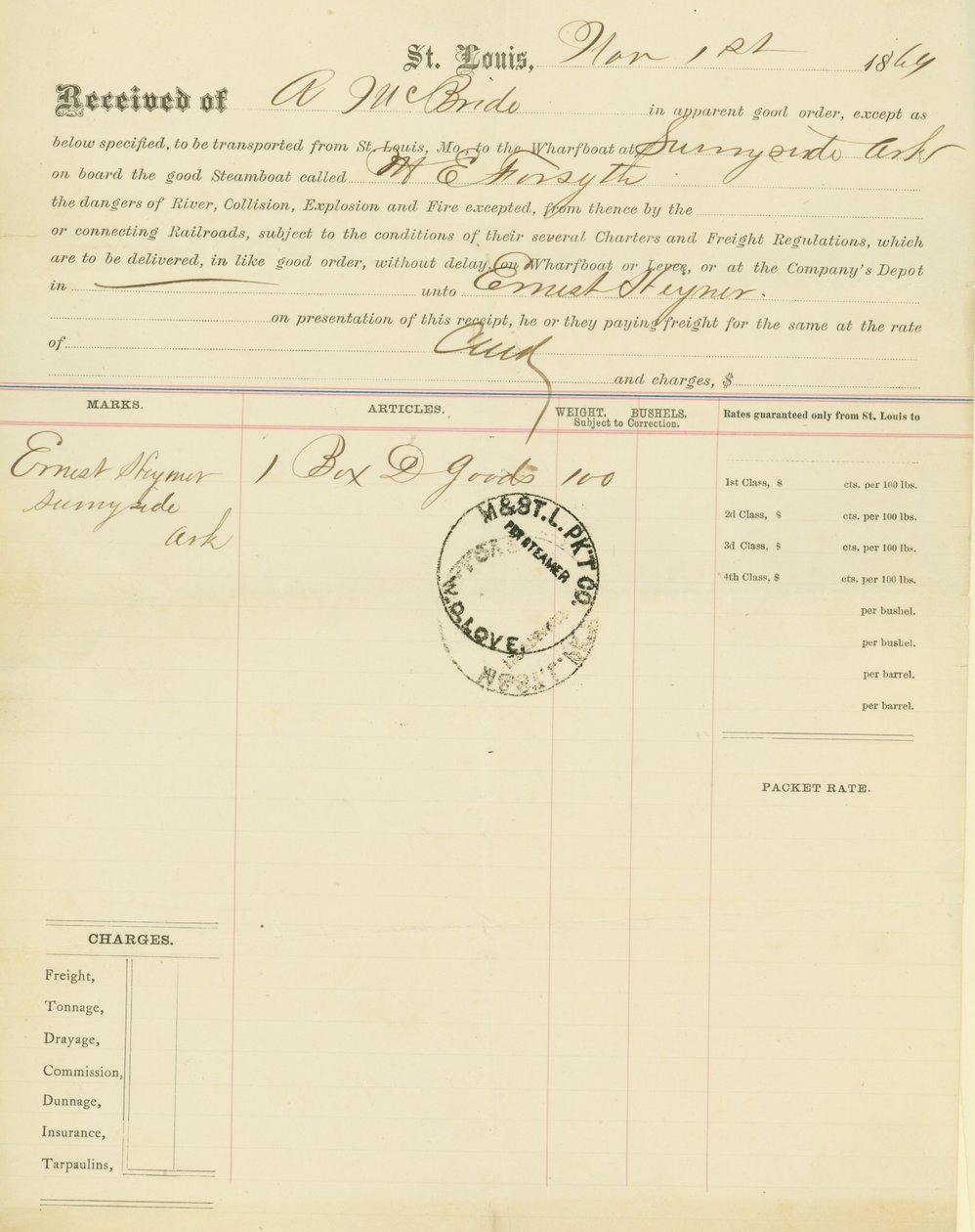 Konşimento, vapur M[ary] E. Forsyth, Sunnyside, Arkansas, 1 Kasım 1864 by Unbekannt