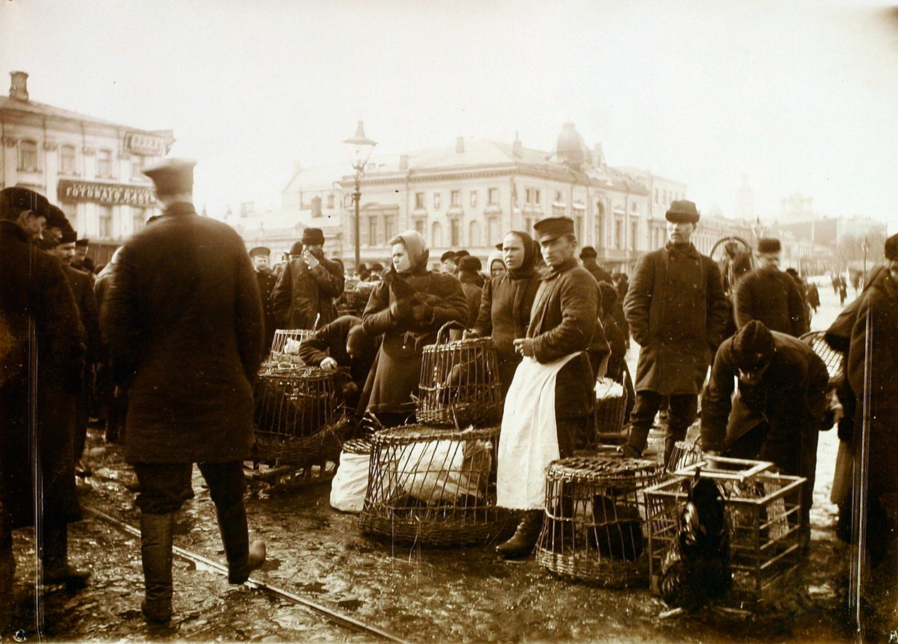 Kuş pazarı, Trubnaya Meydanı, Moskova, Rusya, 1908 by Unbekannt