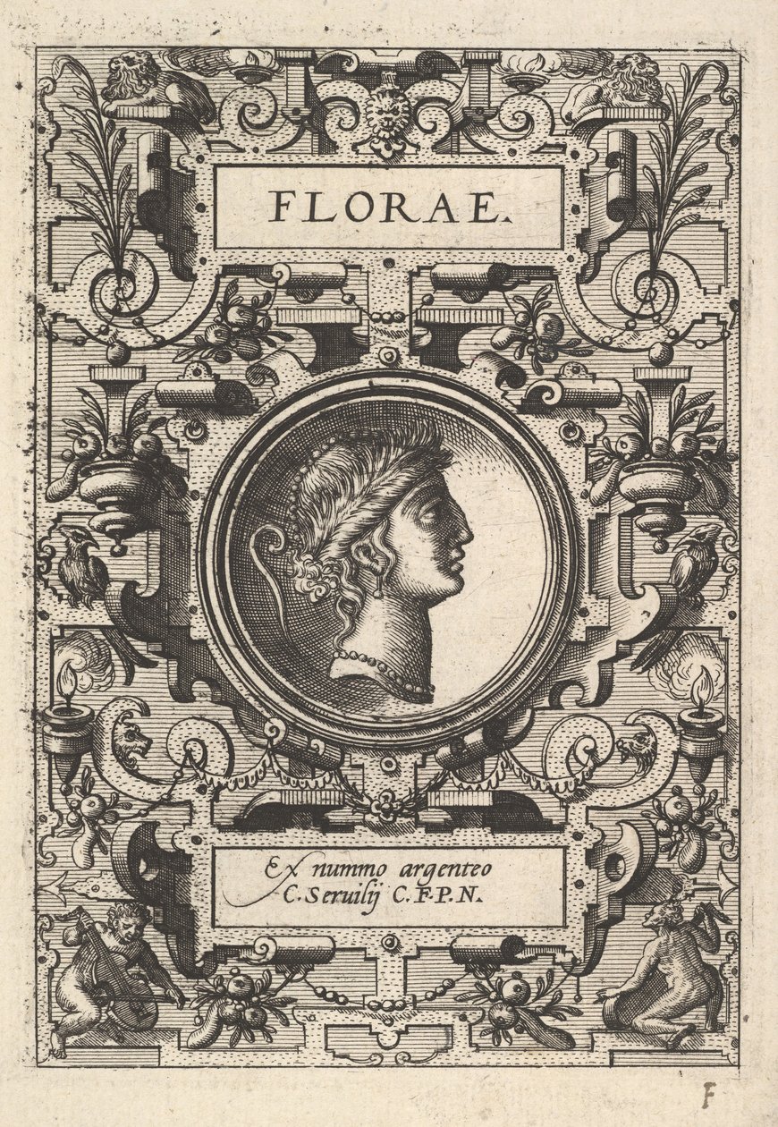 Florae büstü, askı işi ile çevrili, Deorum Dearumque serisinden, bir dizi görüntü..., 1573. by Unbekannt