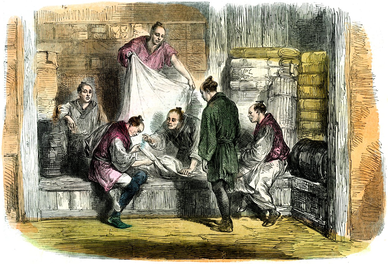 Bir dükkandan camlets satın almak, Yokohama, Japonya, 1865 by Unbekannt