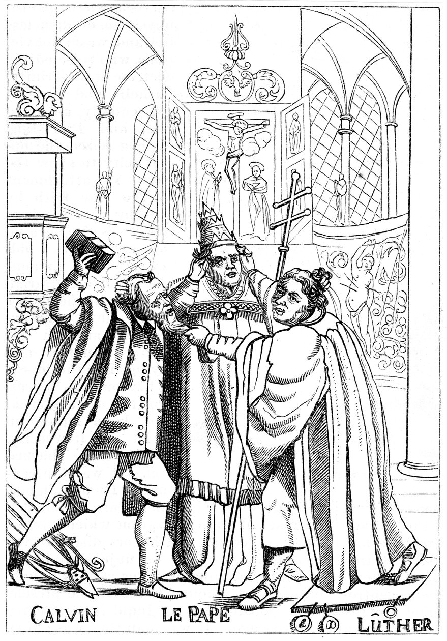 Calvin, Luther ve Papa birbirleriyle savaşıyor, 1600 yayınlandı by Unbekannt