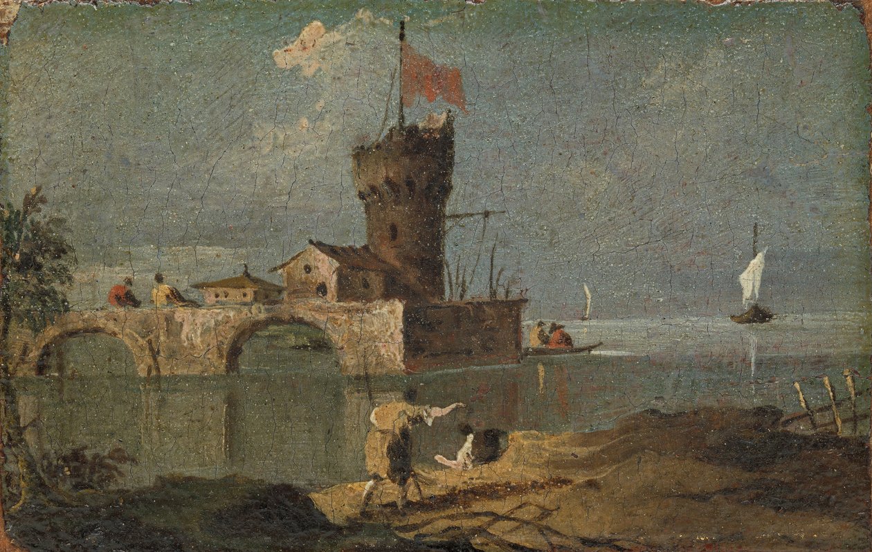 Dairesel Kule, İki Ev ve Köprü ile Capriccio, 18. yüzyıl. by Unbekannt