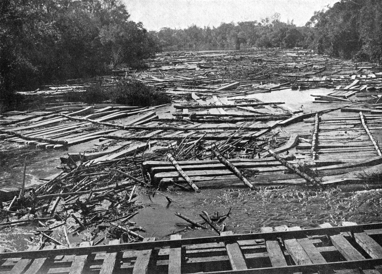Demiryolu köprüsü tarafından yüzen Tebicuary-Guazu Nehri üzerinde sedir günlükleri, Paraguay, 1911 by Unbekannt