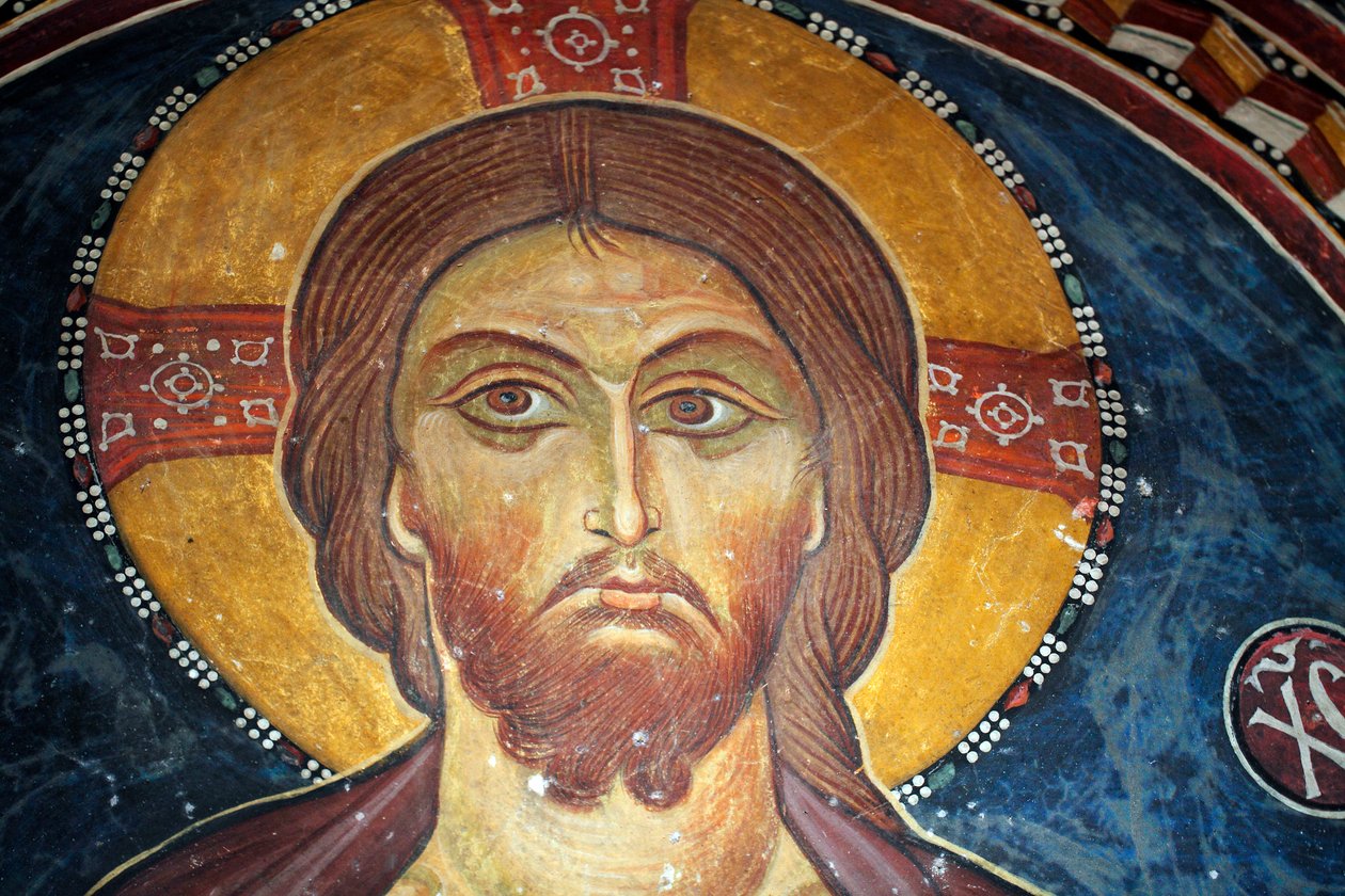 İsa ve Kıyamet Günü Asinou kilisesinin Narteks kasasından Bizans freskinin detayı Son yargı sahnesi 14. yüzyıl (1332) UNESCO, dünya kültür mirası alanı Trodos bölgesi, Kıbrıs by Unbekannt