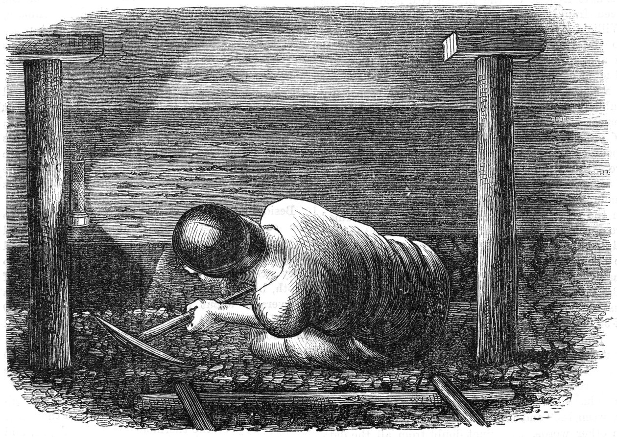 Dar bir damarda çalışan kömür madencisi, c1864. by Unbekannt