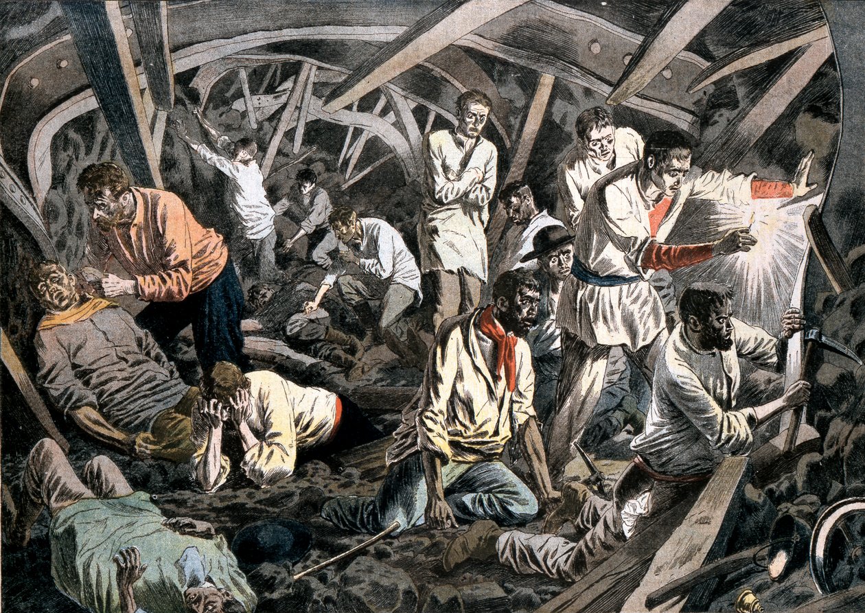 Bir çatı düşmesi sonucu yeraltında mahsur kalan kömür madencileri, Courrieres Madenleri, Pas-de-Calais, Fransa, 1906 by Unbekannt