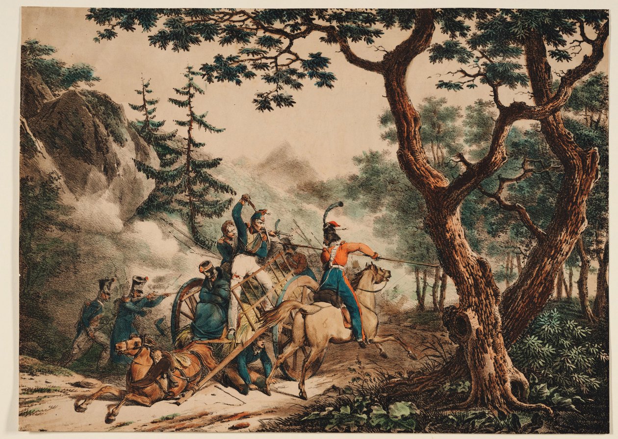 Bir ormanda Fransız askerlerine saldıran Kazaklar, 1825 by Unbekannt