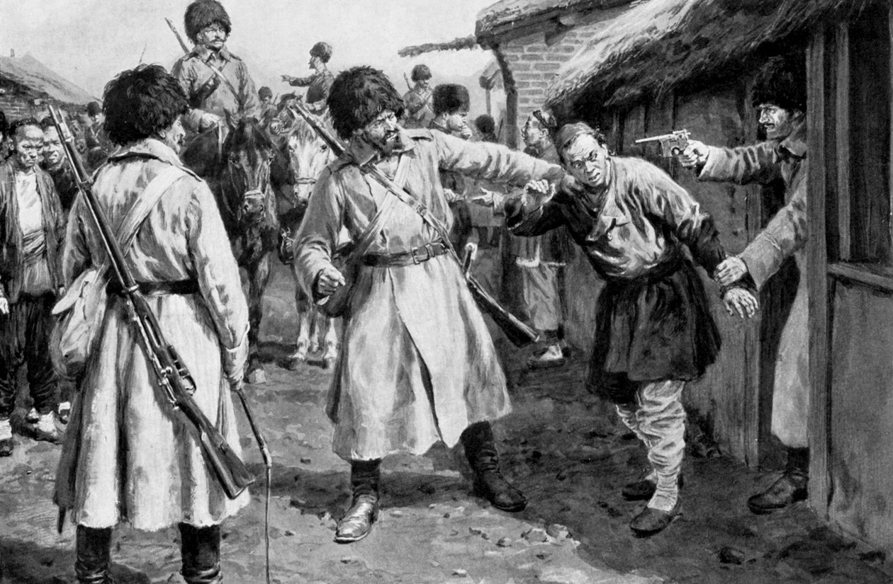 Bir Mançurya köyünde Japon casuslarını arayan Kazaklar, Rus-Japon Savaşı, 1904-5 by Unbekannt