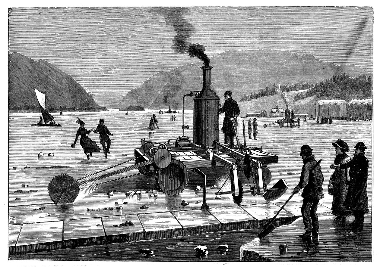 Kanada, St Lawrence nehrinde buharla çalışan bir testere kullanarak buz kesmek, 1894 by Unbekannt