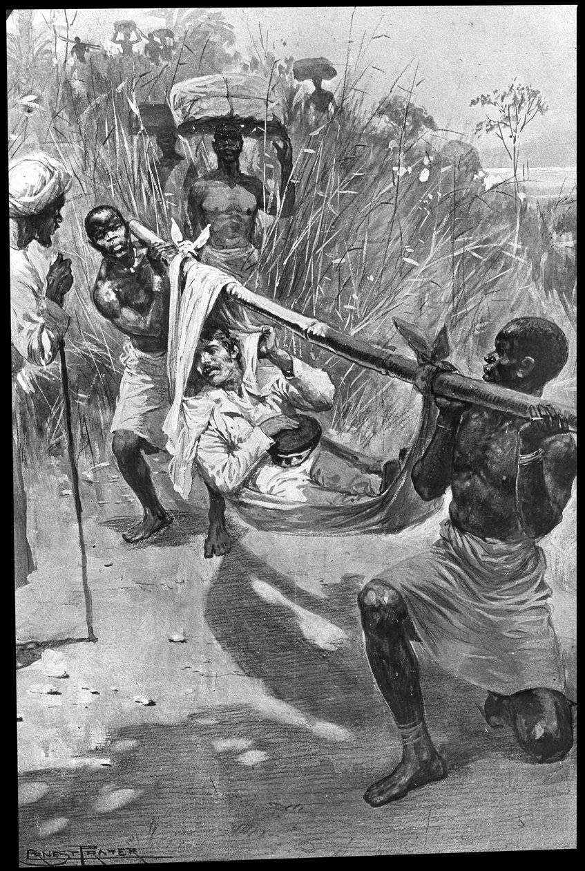 David Livingstone, ormanda derme çatma bir sedye üzerinde taşınıyor. by Unbekannt