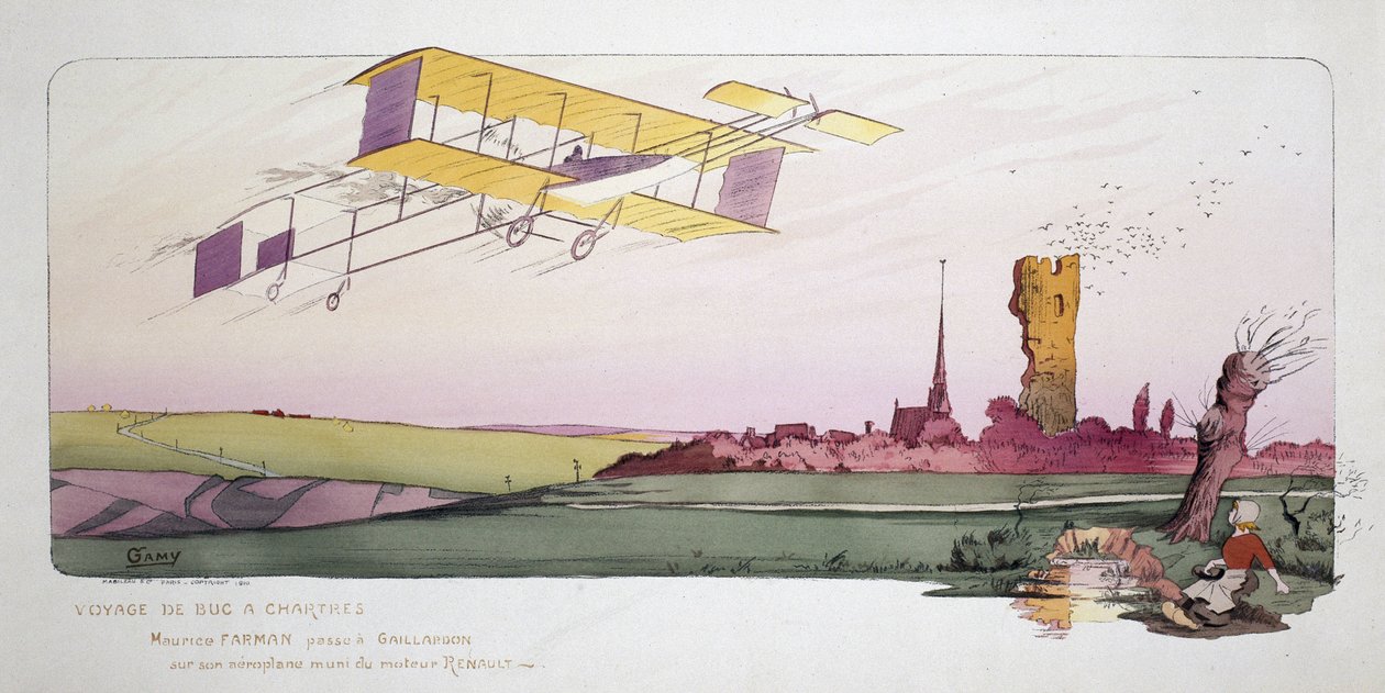 Havacılığın başlangıcı: Maurice Farman (1878-1964), "Voyage de Bac a Chartres" yarışı sırasında Renault motoruyla donatılmış çift kanatlı 1910 dolaylarında by Unbekannt