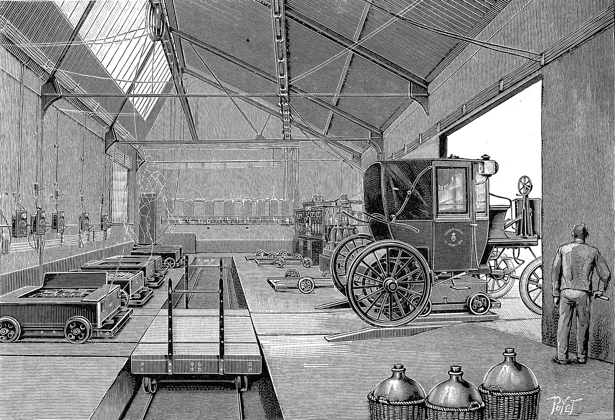 Elektrikle çalışan Paris kabinlerinin yeni şarj edilmiş pillerle donatıldığı depo, 1899 by Unbekannt