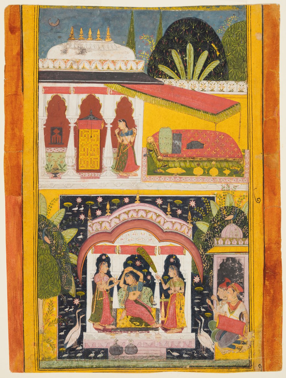 Bir Ragamala serisinden Desavarari Ragini: Ortadaki bir çardakta bir bayan ve iki görevli, c169 by Unbekannt