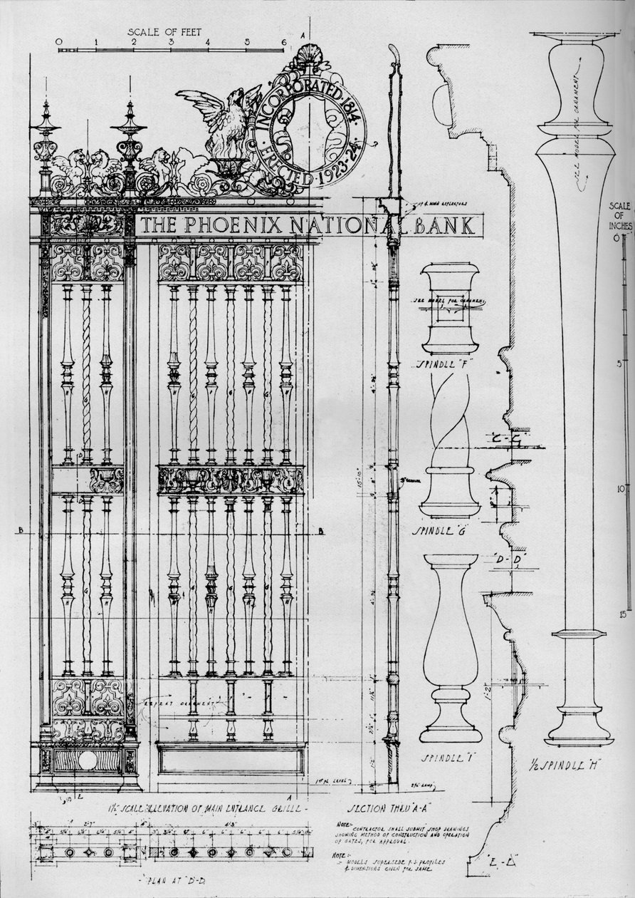Ana giriş kapısı ızgarasının detay çizimi, Phoenix National Bank, 1924 by Unbekannt