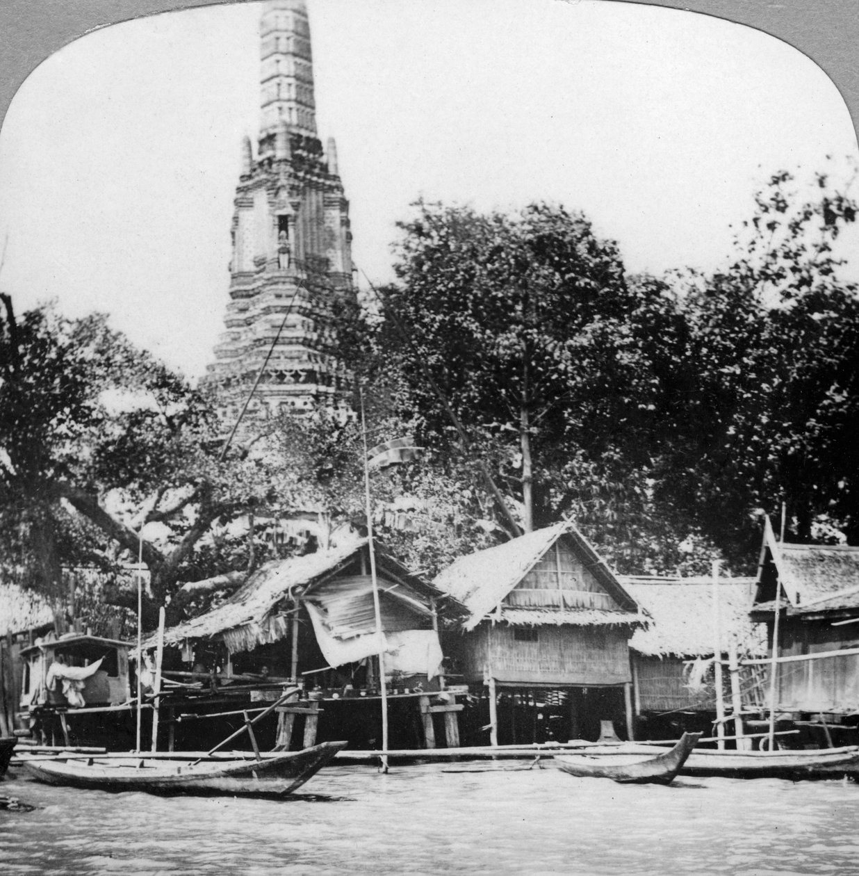 Chao Phraya Nehri üzerindeki evler ve evler, Bangkok, Tayland, 1900