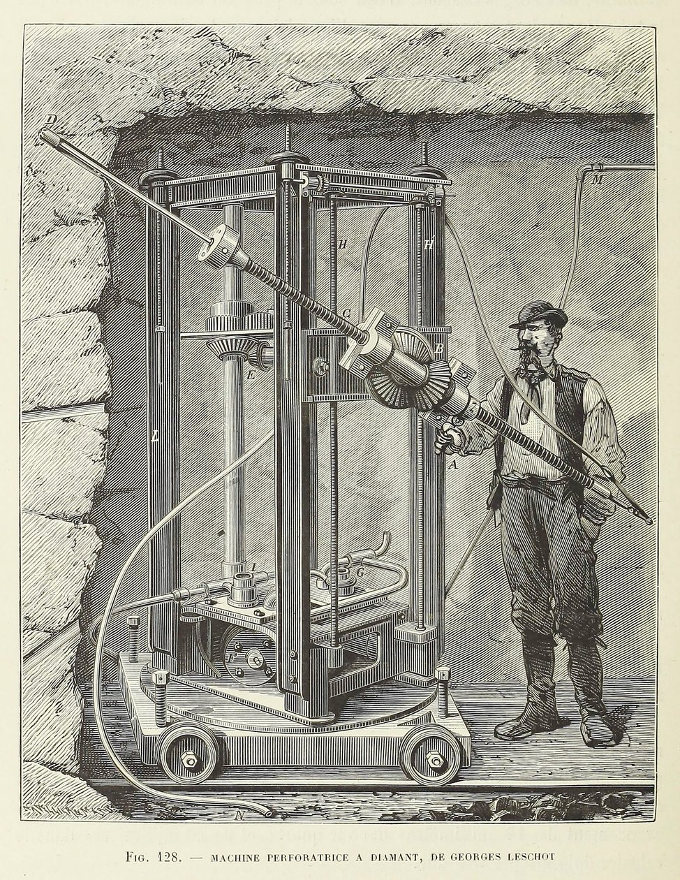 Georges Leschot, pub tarafından tasarlanan Elmas Delme Makinesi. 1883 gravürü, 1883. by Unbekannt