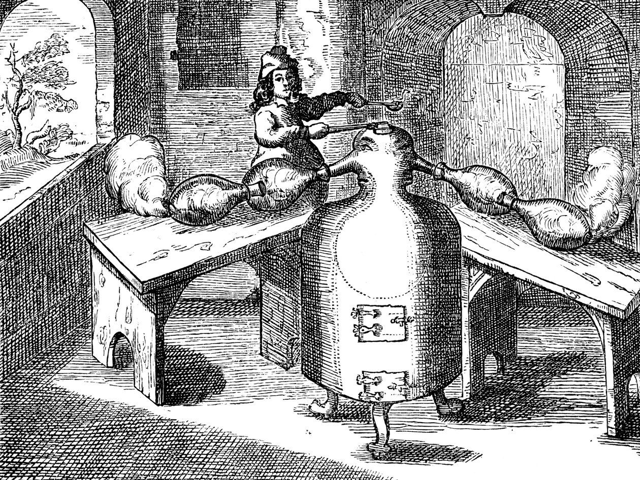İki burunlu bir demir adamda nitrik asit Aqua fortis veya ayırma asidinin damıtılması, 1689 by Unbekannt