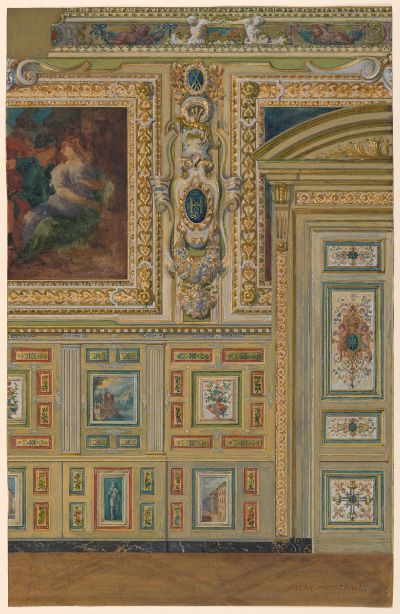 Çizim, Boyalı panel gruplarını gösteren bir duvar kesiti, Oval Oda, Salon Louis XIV, Fontainebleau Sarayı, Fransa by Unbekannt