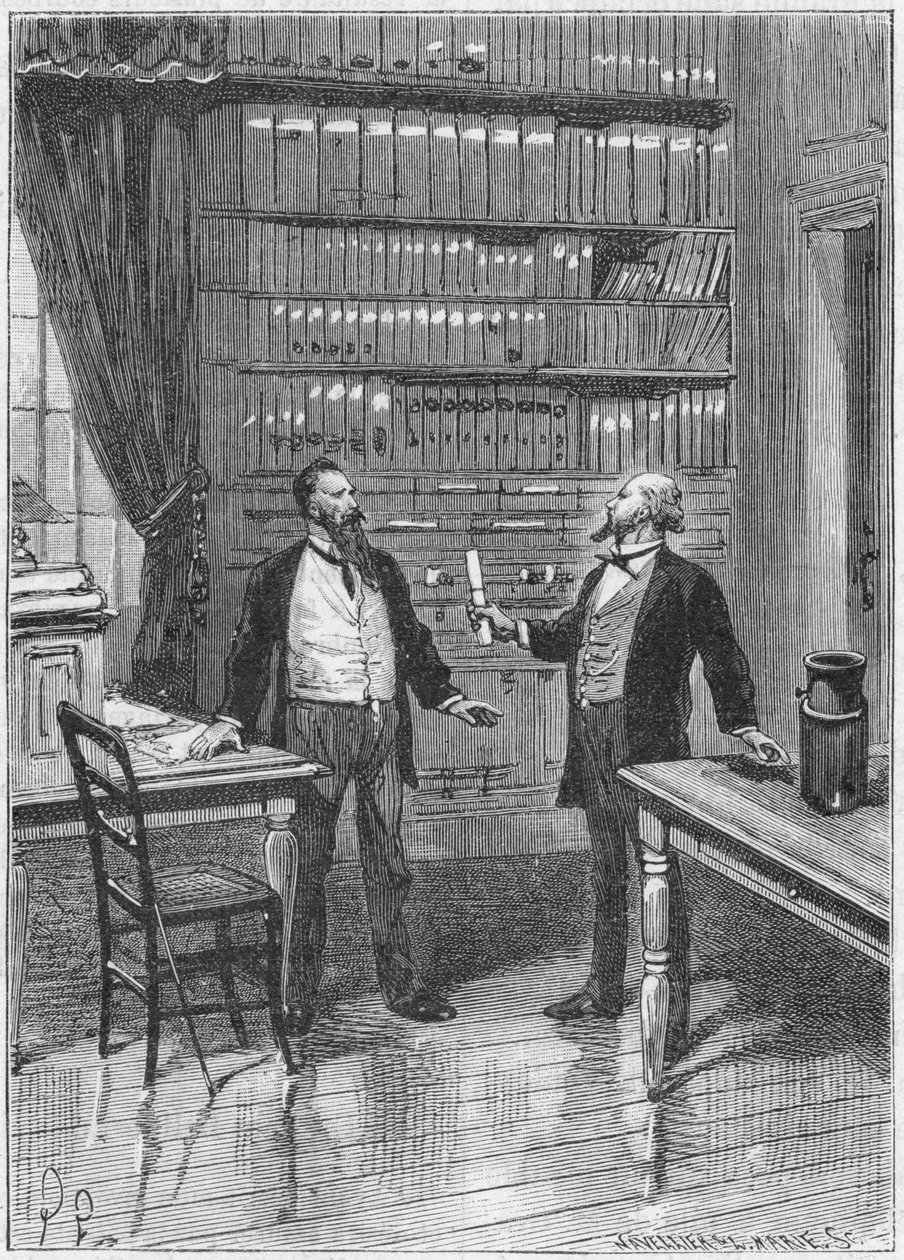 Elisha Gray, Amerikalı mucit, telefonu için uyarıyı sunarken, 1876, c1890 by Unbekannt