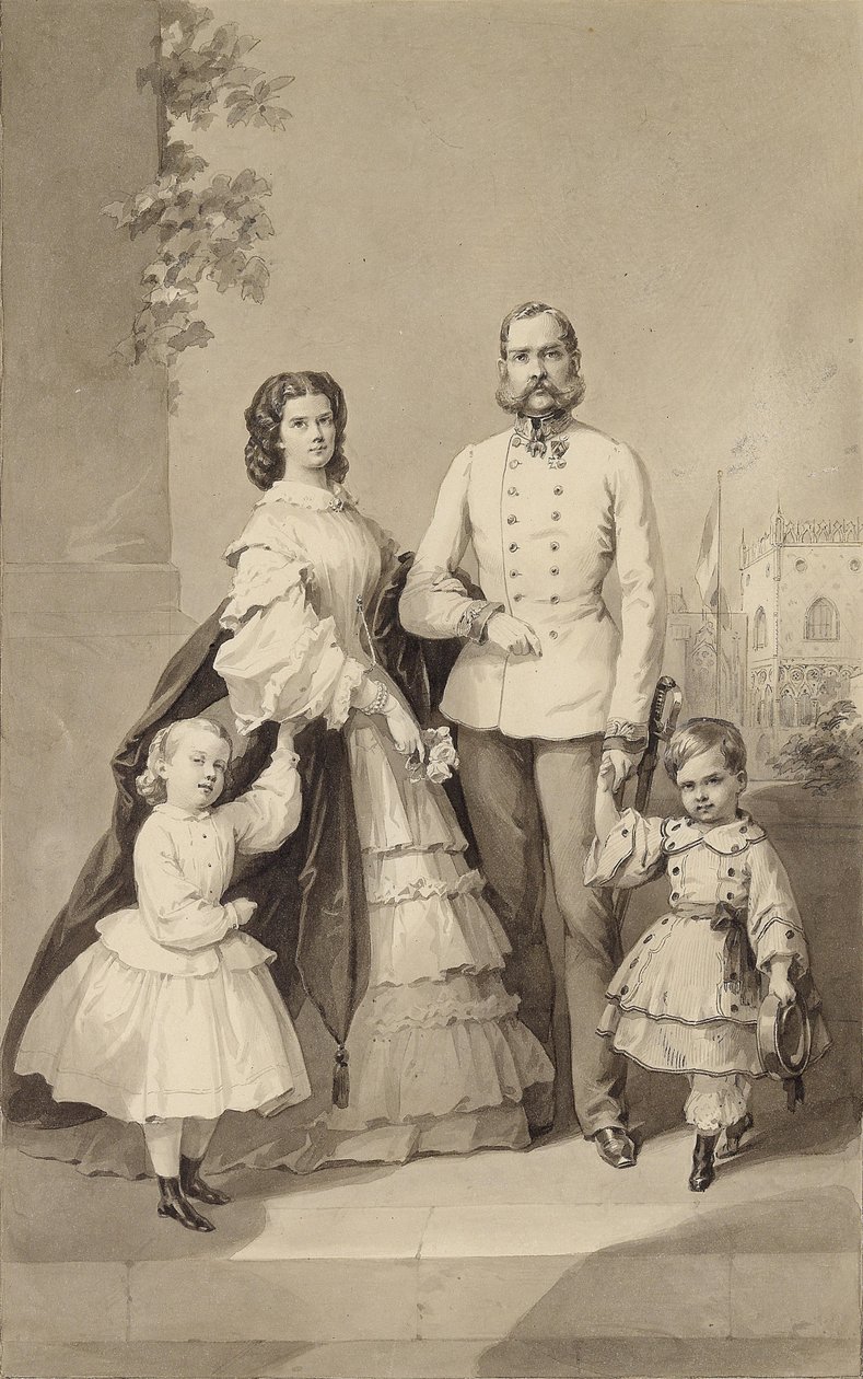 İmparator I. Franz Joseph, İmparatoriçe Elisabeth ve çocukları ile birlikte ..., yaklaşık 1860. by Unbekannt